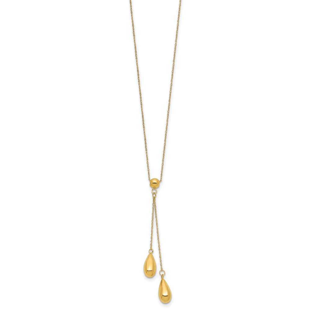 14k Polished Two Puffed Teardrop Beads Lariat Necklace