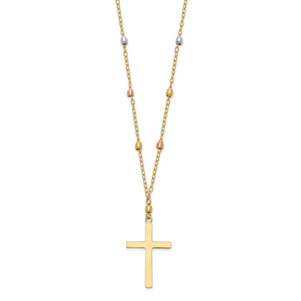 14K Tri-color Mirror Beaded Chain with Polished Cross Pendant Necklace
