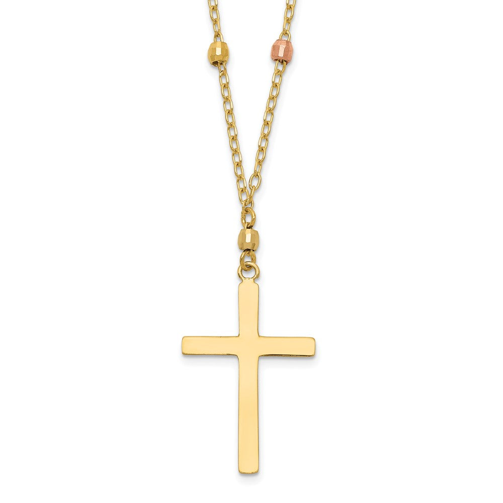 14K Tri-color Mirror Beaded Chain with Polished Cross Pendant Necklace