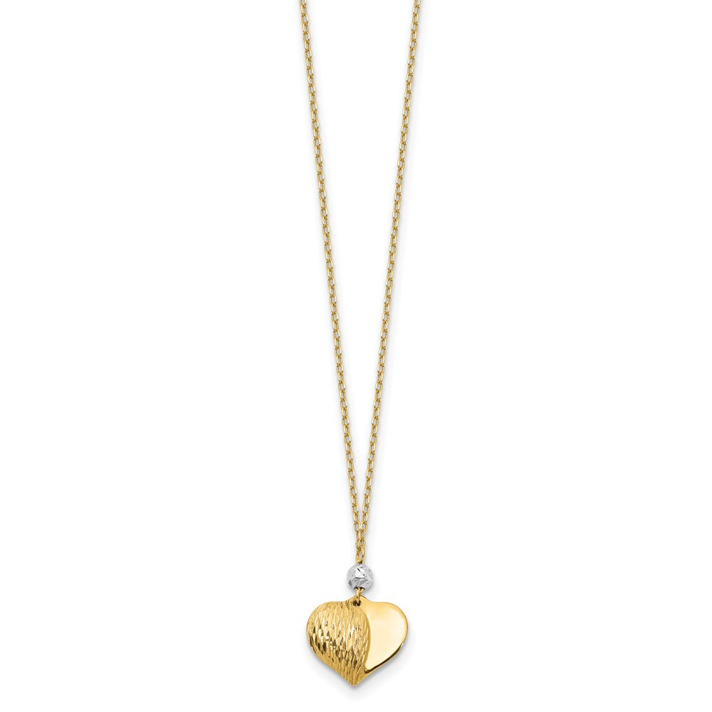 14K Two Tone Polished Diamond-cut Puffed Heart and Bead Pendant Necklace
