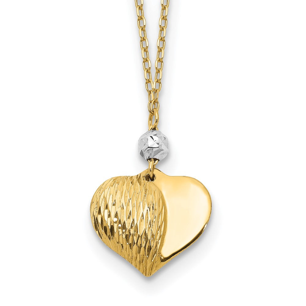 14K Two Tone Polished Diamond-cut Puffed Heart and Bead Pendant Necklace