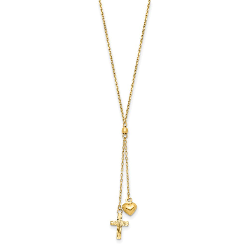 14K Puffed Heart and Diamond-cut Cross Y-Necklace Plus Extender