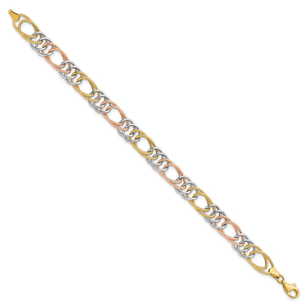 14k Tri-color Polished and Textured Fancy Double Link Bracelet