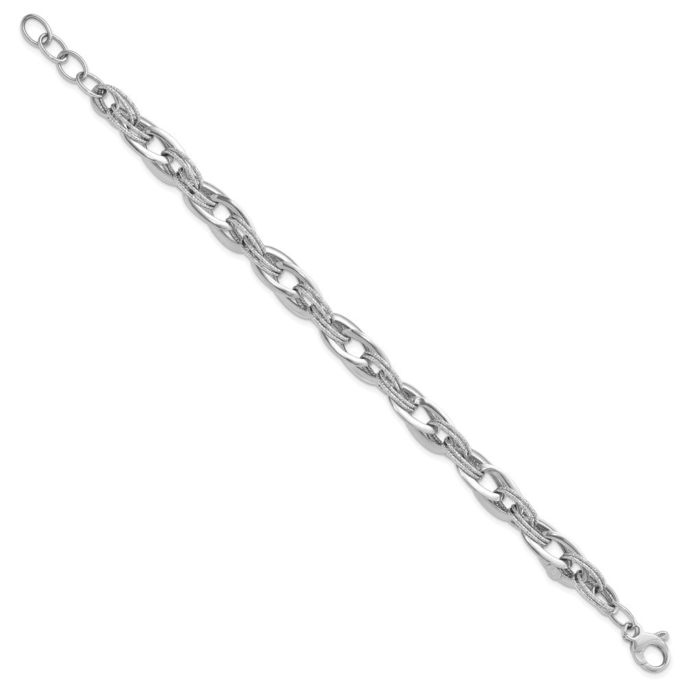 14k White Gold Polished and Textured Fancy Link 8in Bracelet