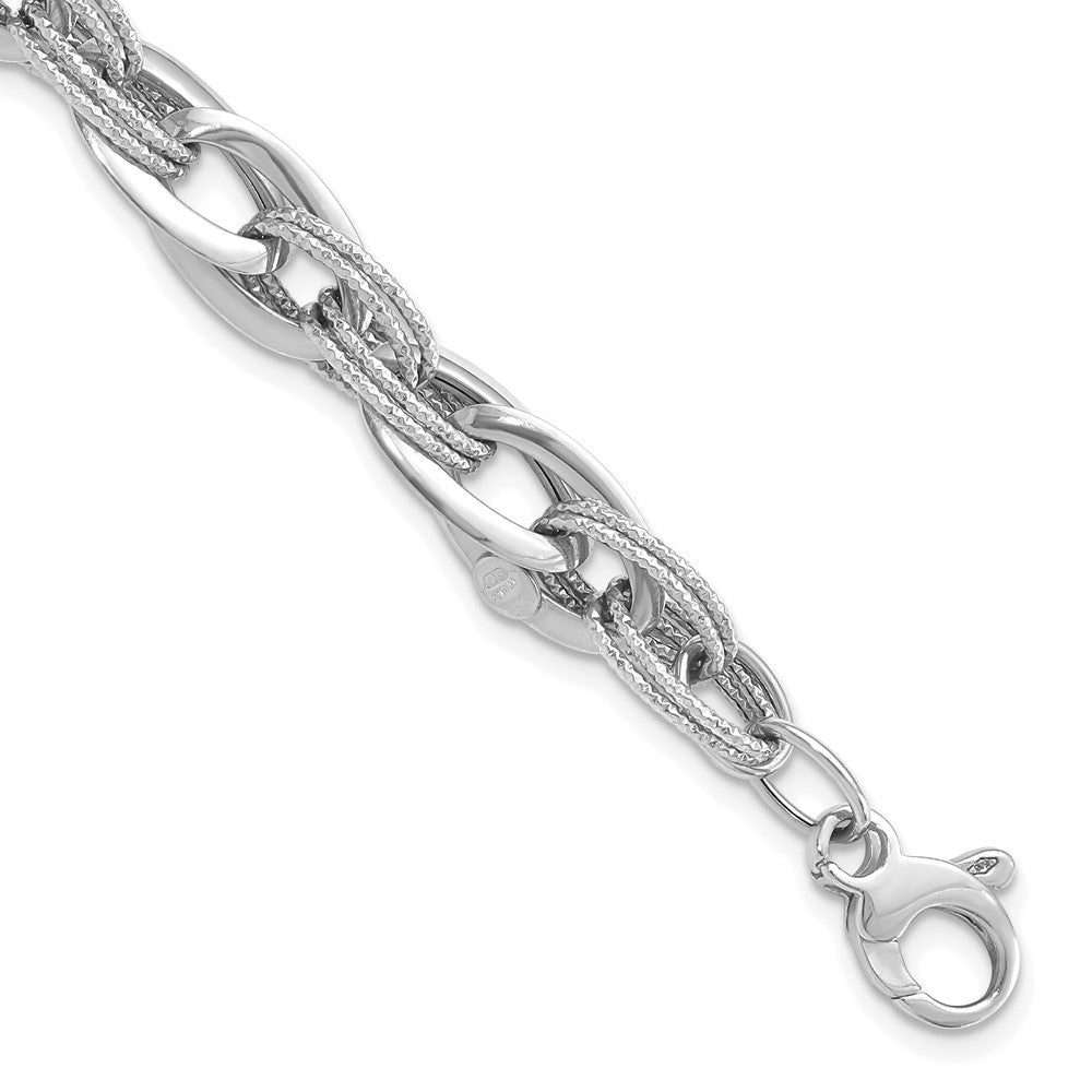 14k White Gold Polished and Textured Fancy Link 8in Bracelet