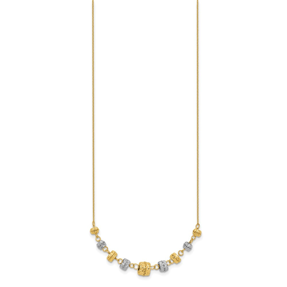 14k Two-tone Polished Diamond-cut Graduated Barrel Beads Necklace