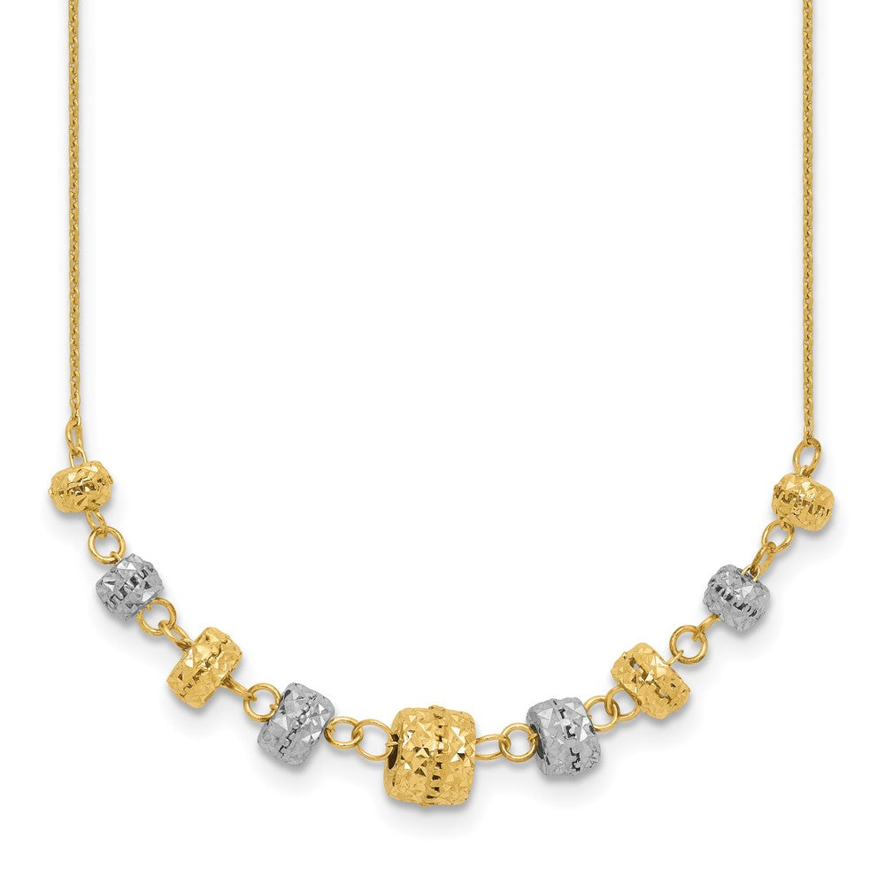 14k Two-tone Polished Diamond-cut Graduated Barrel Beads Necklace