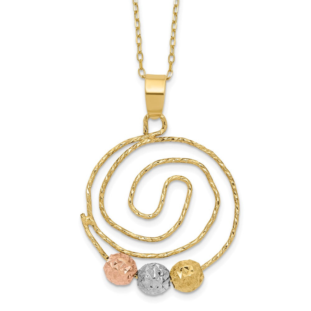 14k Tri-color Diamond-cut Beads on Spiral Pendant Necklace