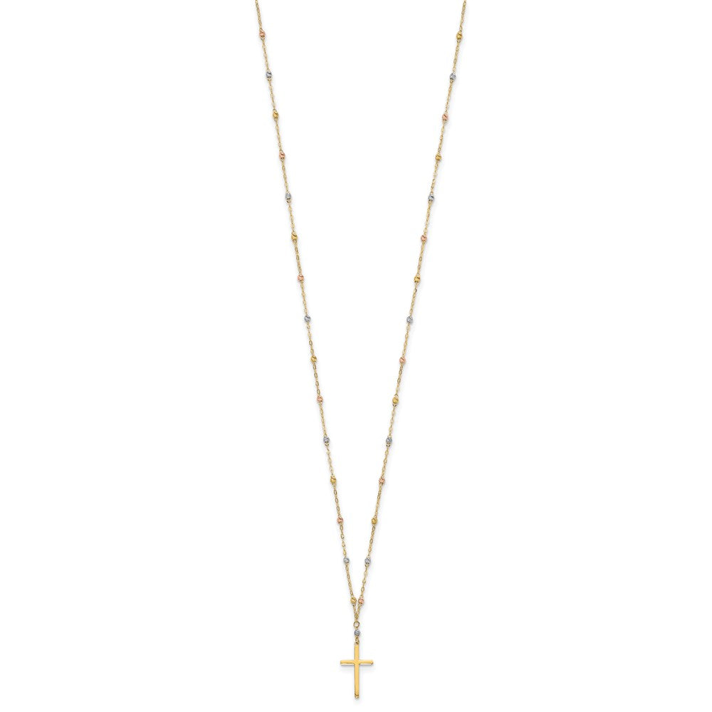14k Tri-color Diamond-cut Beaded Chain with Polished Cross Pendant Necklace
