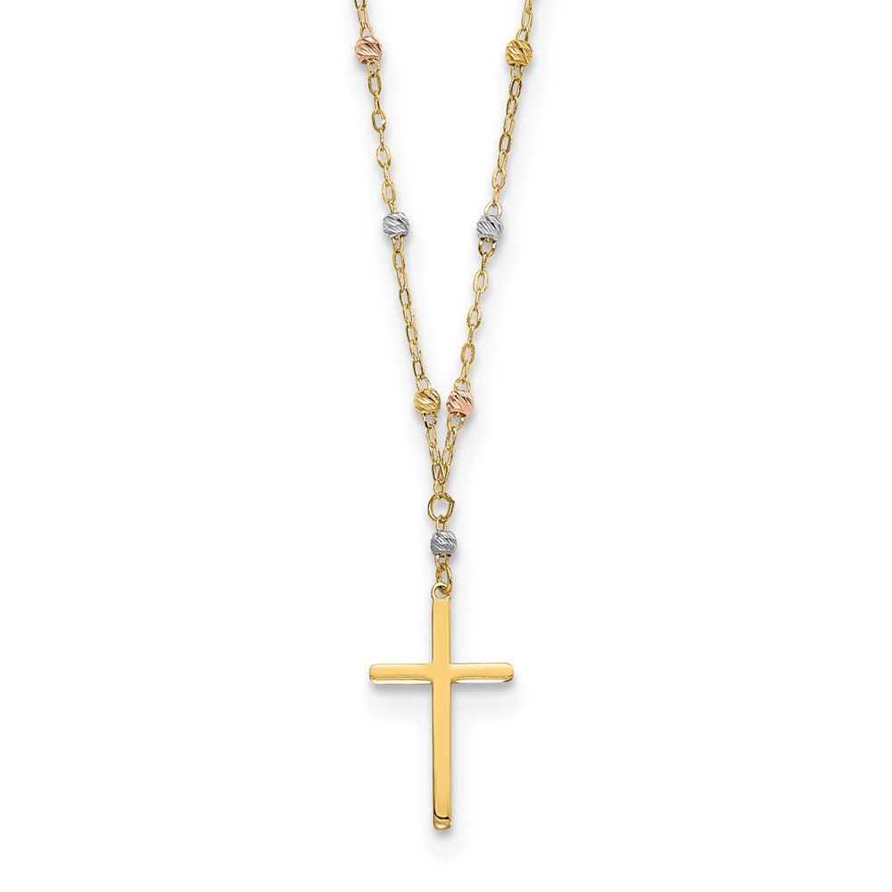 14k Tri-color Diamond-cut Beaded Chain with Polished Cross Pendant Necklace