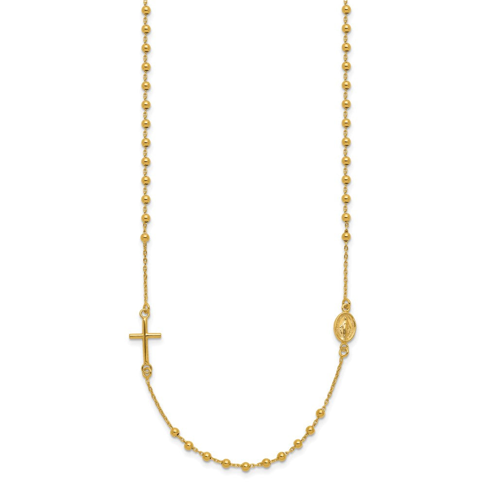 14k Polished Cross and Miraculous Medal Beaded Rosary Design Necklace