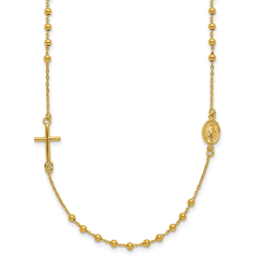 14k Polished Cross and Miraculous Medal Beaded Rosary Design Necklace