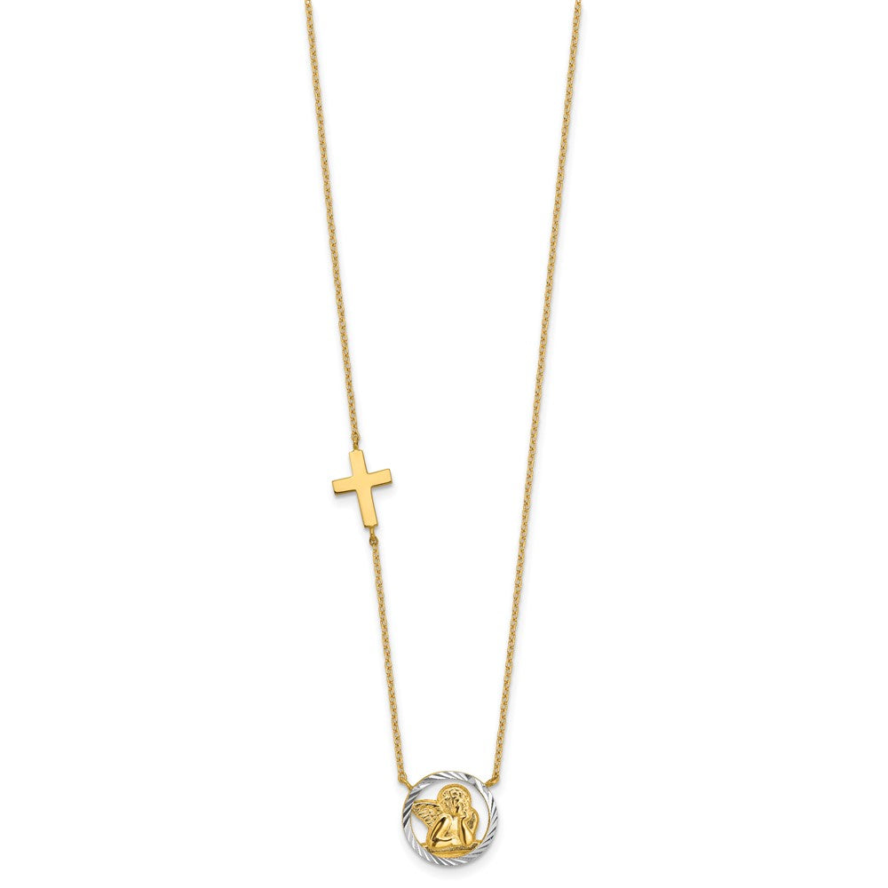 14k and White Rhodium Diamond-cut Angel and Cross Necklace