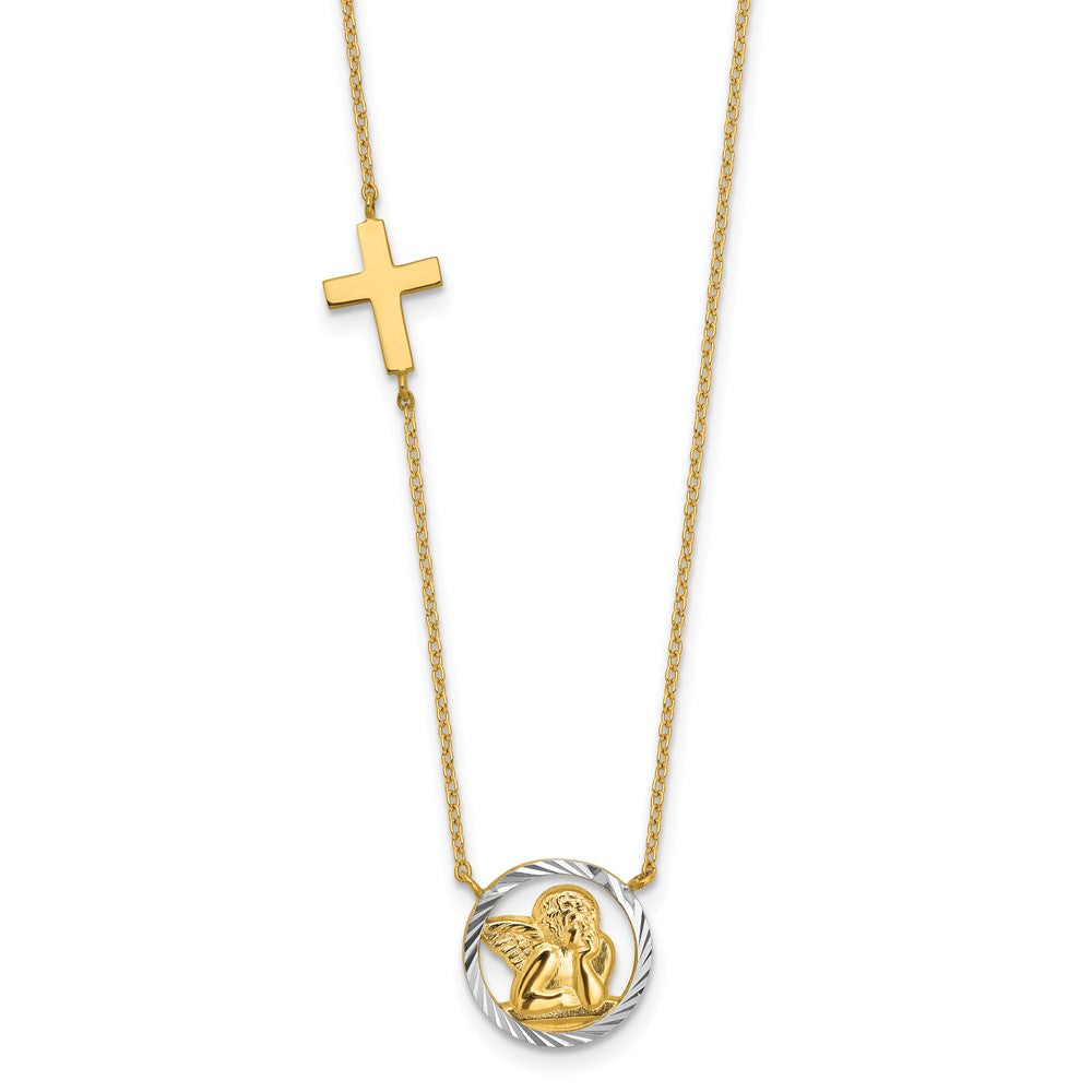14k and White Rhodium Diamond-cut Angel and Cross Necklace