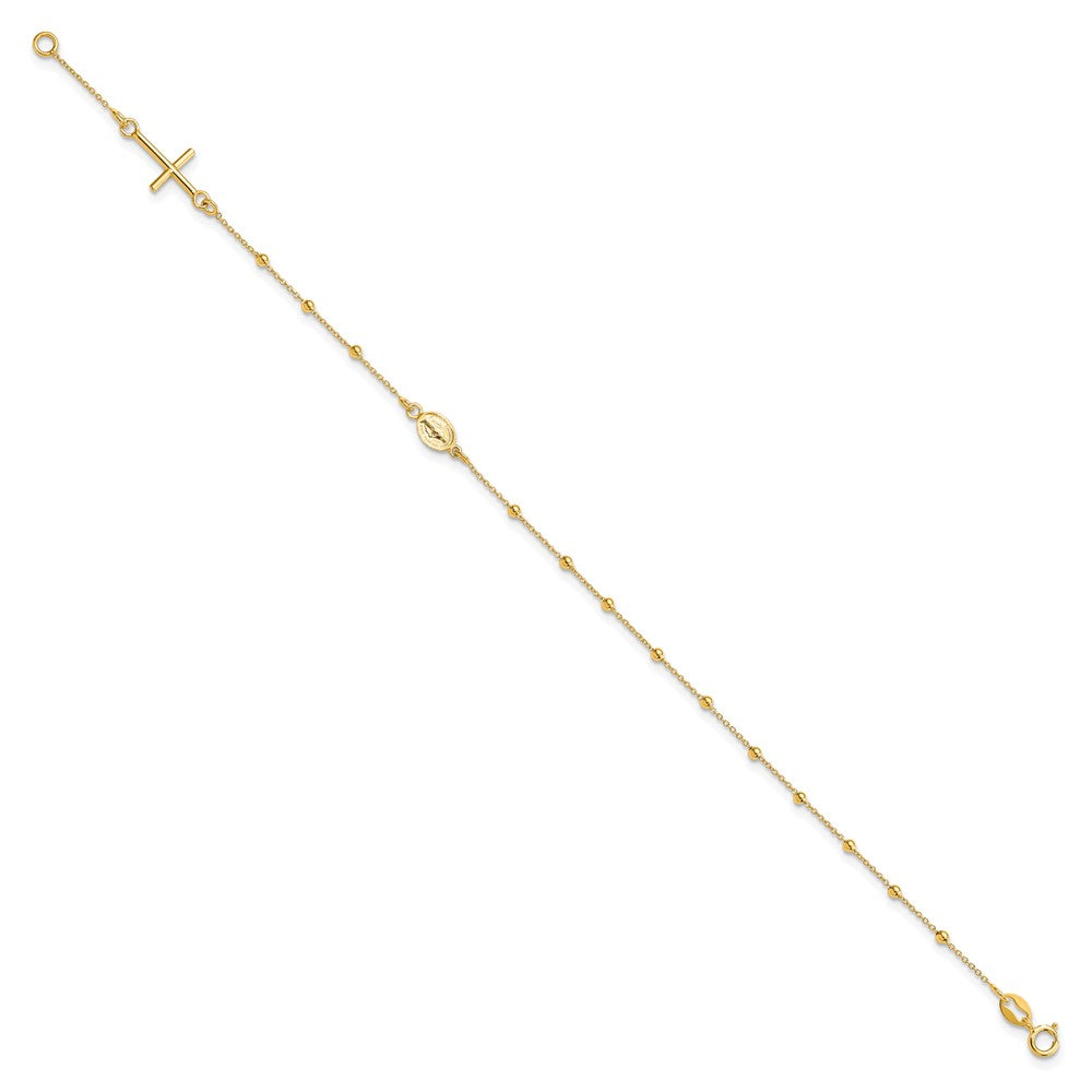 14k Polished Cross and Miraculous Medal Beaded Rosary Bracelet