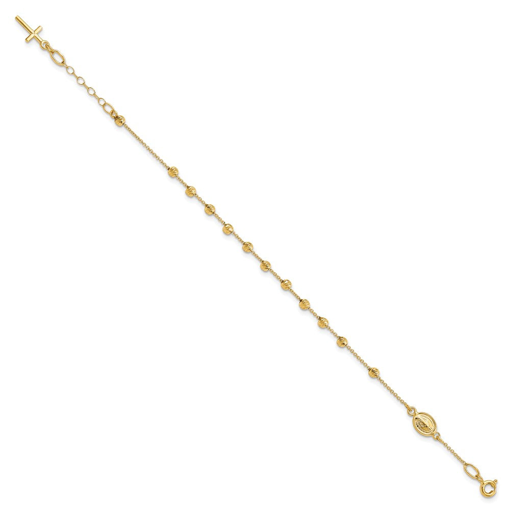 14k Polished Cross and Miraculous Medal with Diamond-cut Beads with Extender Rosary Bracelet