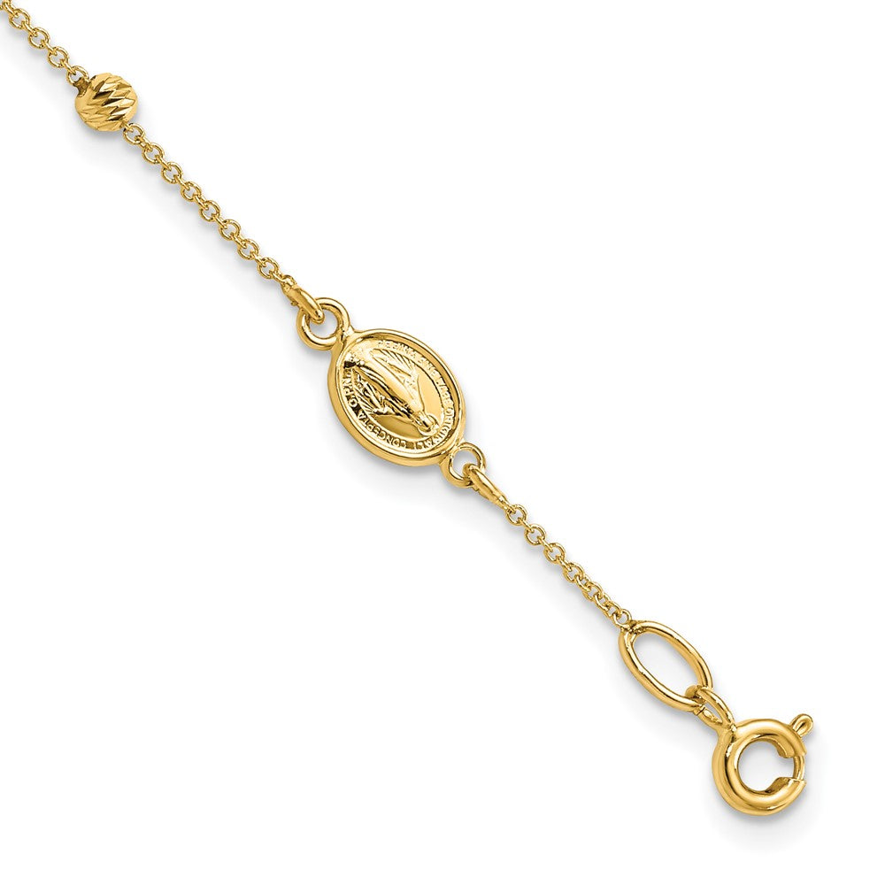 14k Polished Cross and Miraculous Medal with Diamond-cut Beads with Extender Rosary Bracelet