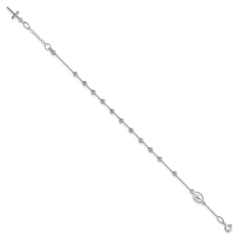 14k White Gold Polished Cross and Miraculous Medal with Diamond-cut Beads with Extender Rosary Bracelet