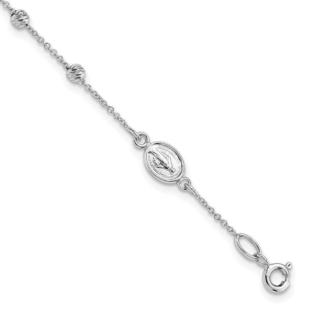 14k White Gold Polished Cross and Miraculous Medal with Diamond-cut Beads with Extender Rosary Bracelet