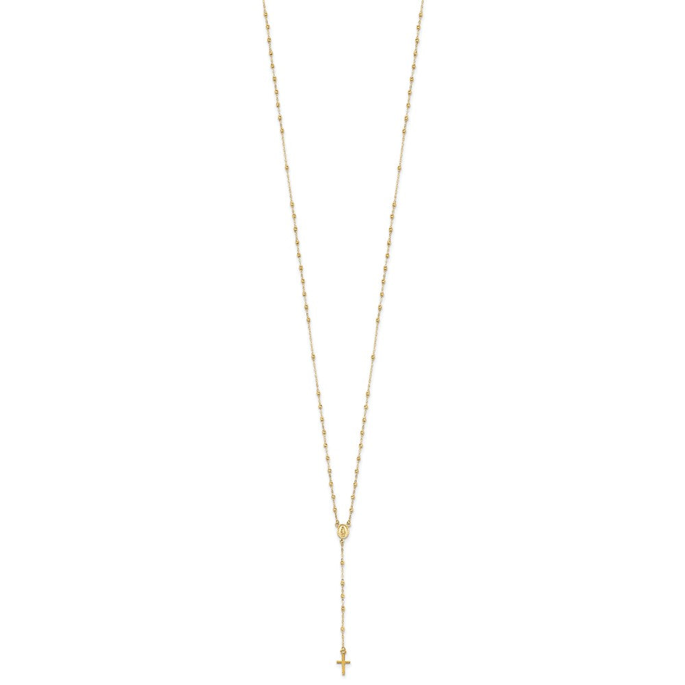 14k Polished Cross and Miraculous Medal with Diamond-cut Beads Rosary Necklace Plus Extender