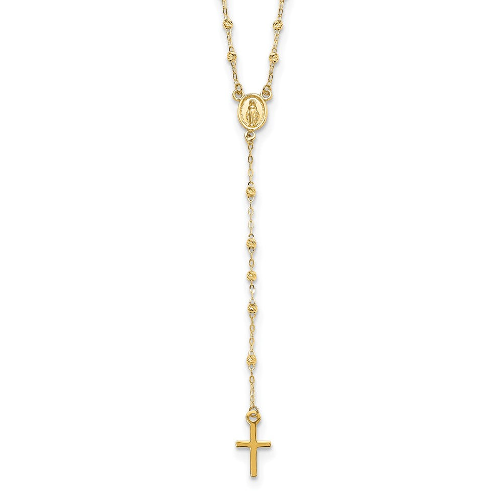14k Polished Cross and Miraculous Medal with Diamond-cut Beads Rosary Necklace Plus Extender