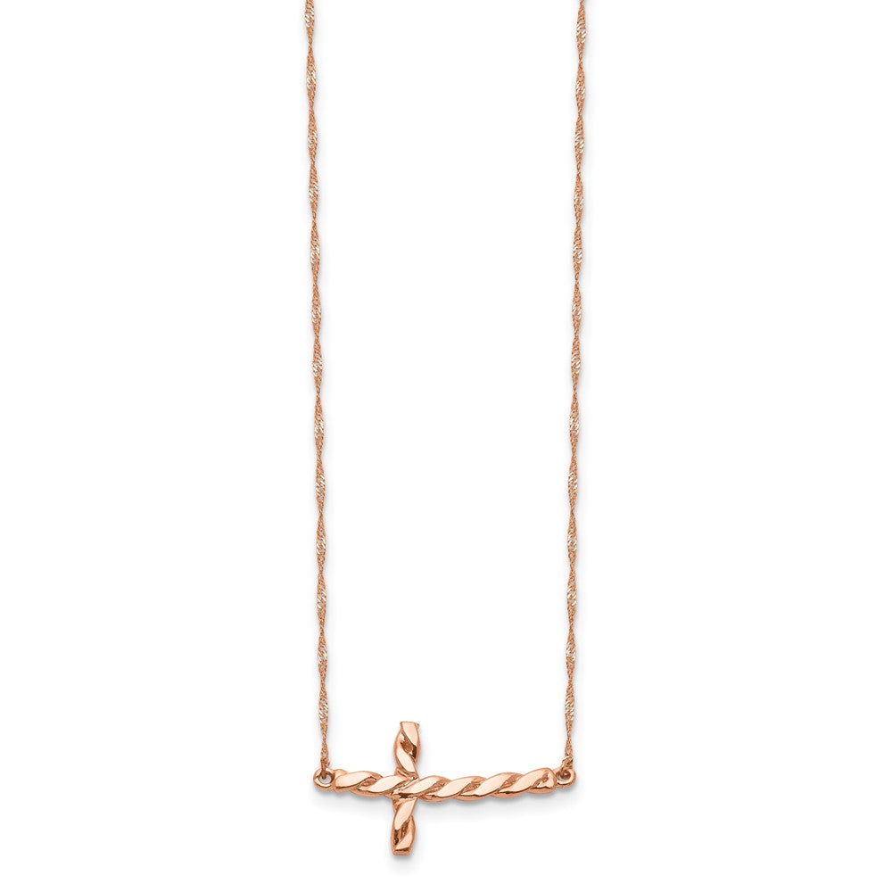 14k Rose Gold Polished Twisted Sideways Cross Necklace