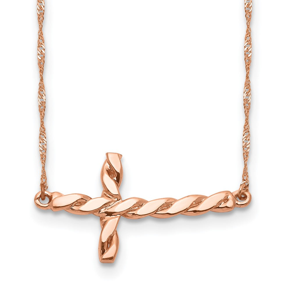 14k Rose Gold Polished Twisted Sideways Cross Necklace