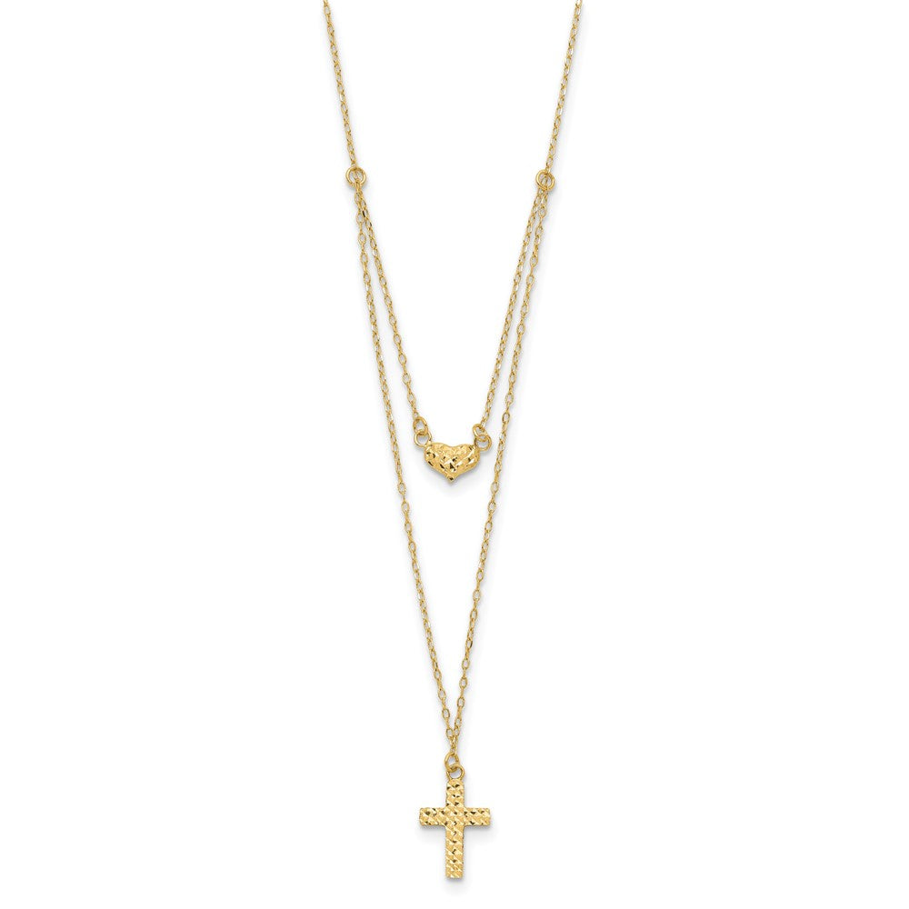 14k Polished 2-Strand D/C Cross & Heart w/. Ext. Necklace