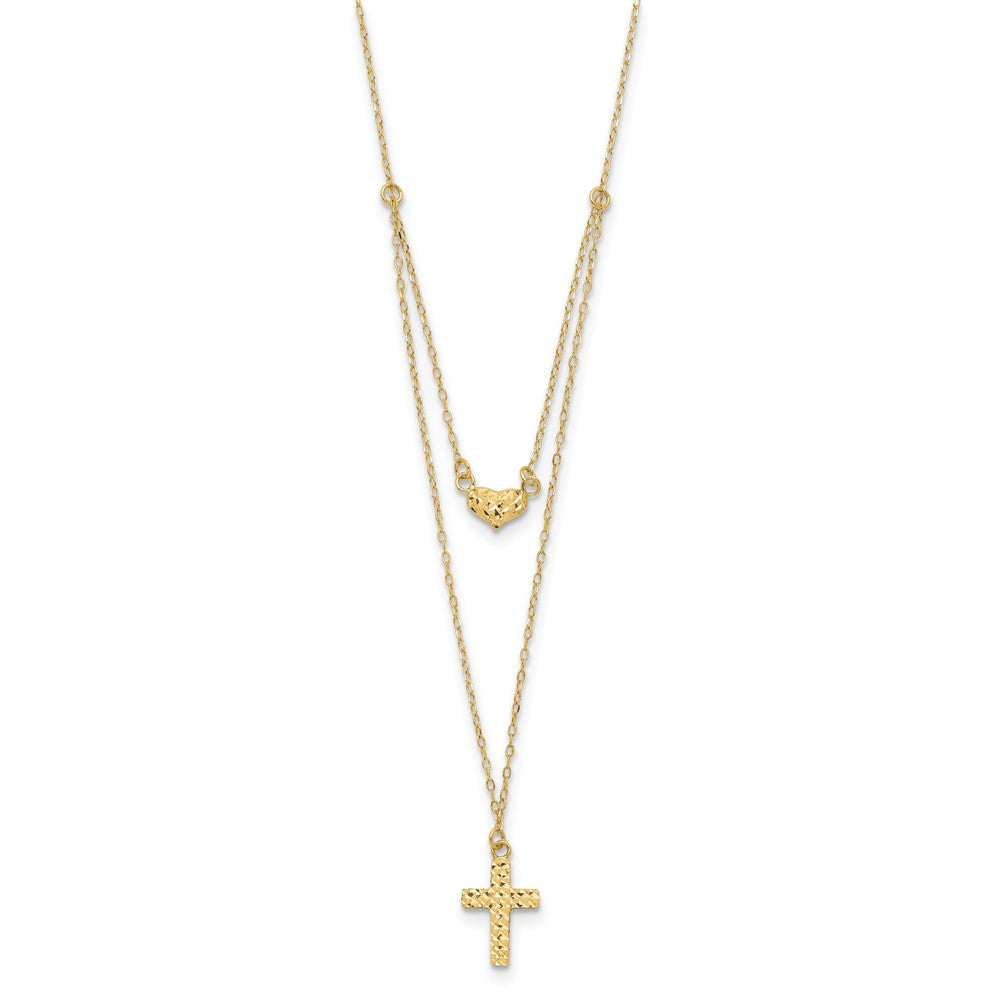 14k Polished 2-Strand Diamond-cut Cross and Heart Necklace Plus Extender