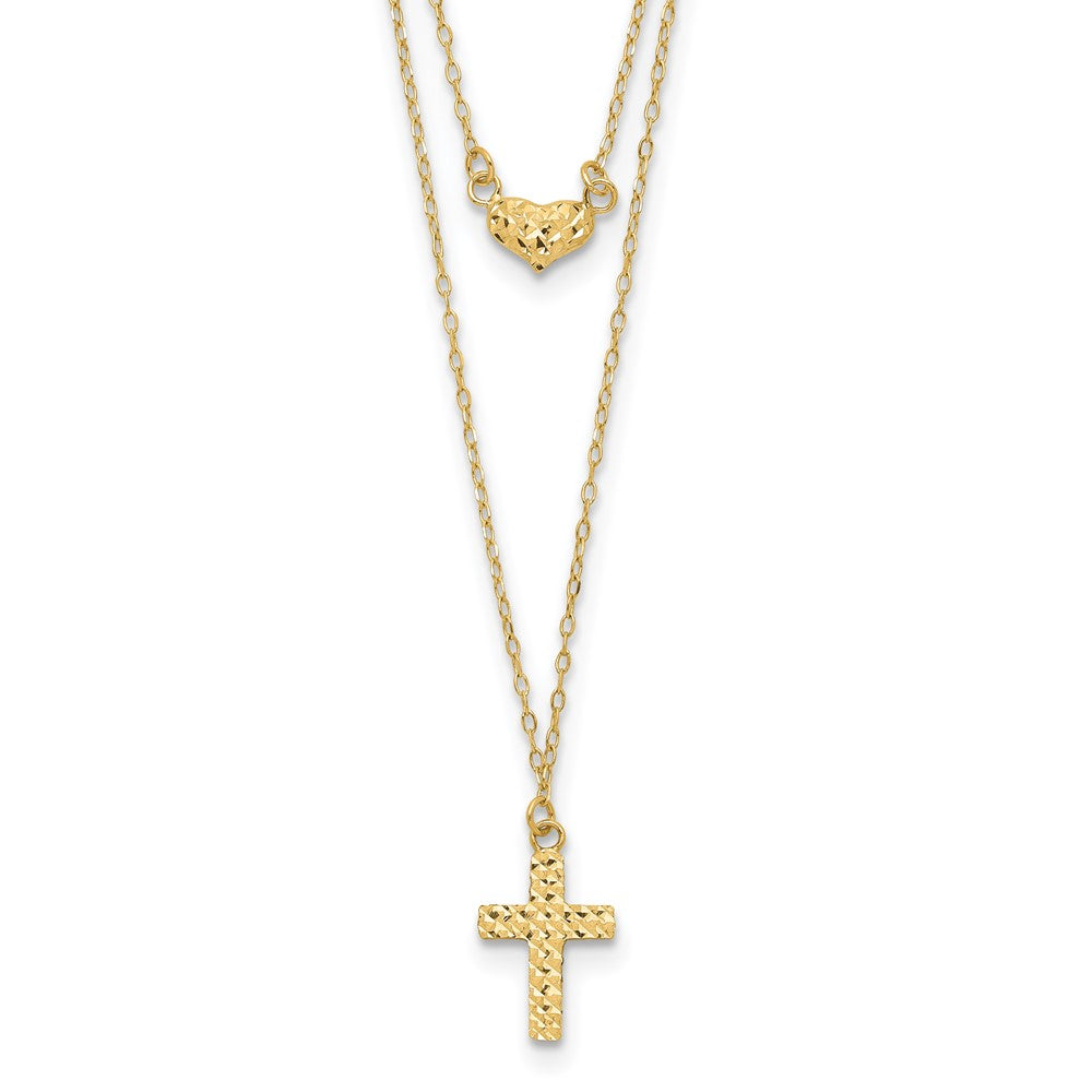 14k Polished 2-Strand Diamond-cut Cross and Heart Necklace Plus Extender