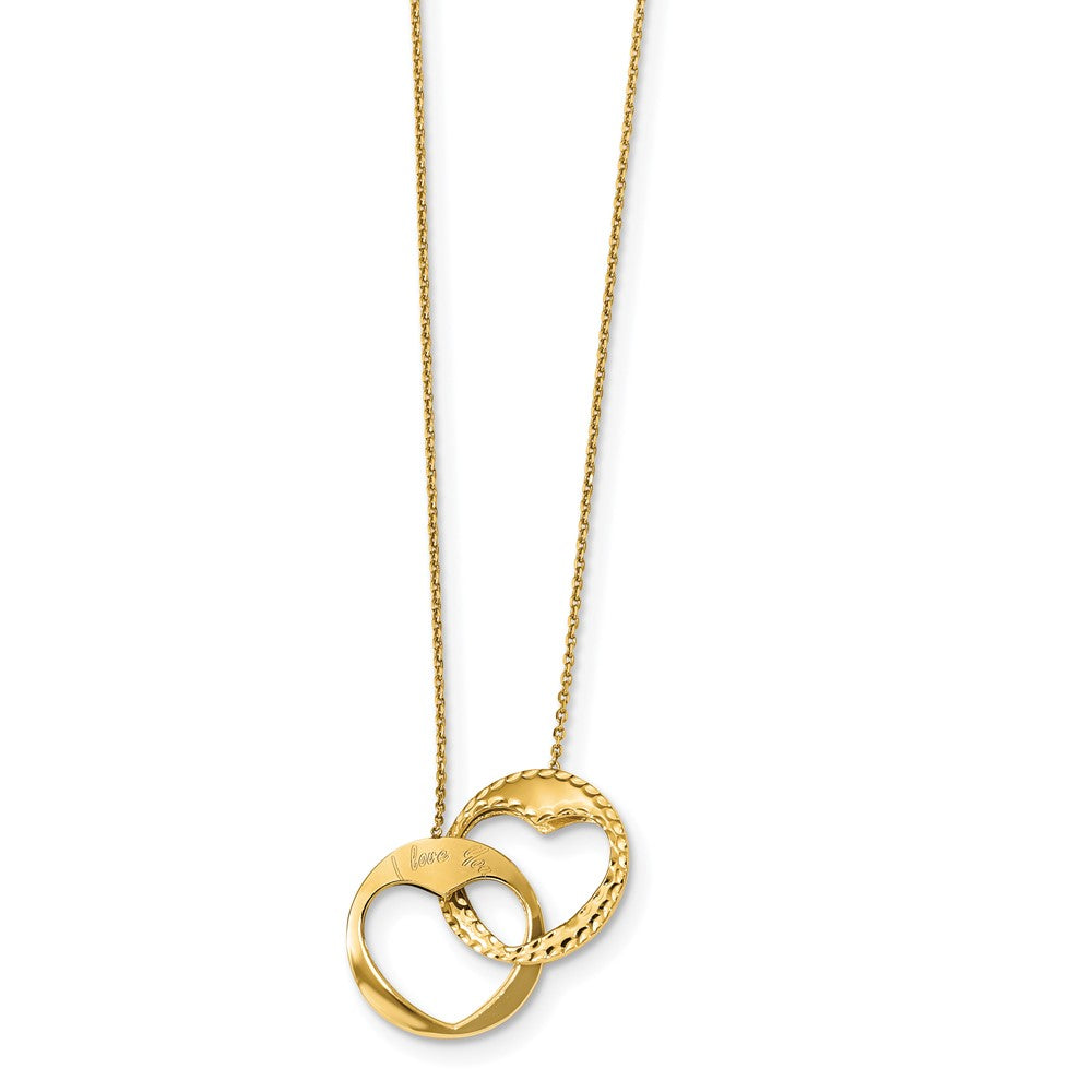 14k Polished Double Interlocking Hearts with Script I LOVE YOU Necklace Plus Extender