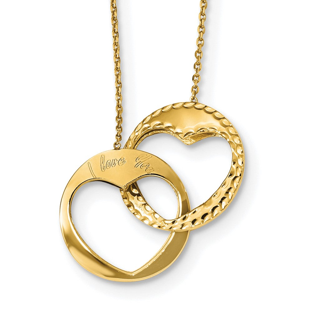 14k Polished Double Interlocking Hearts with Script I LOVE YOU Necklace Plus Extender