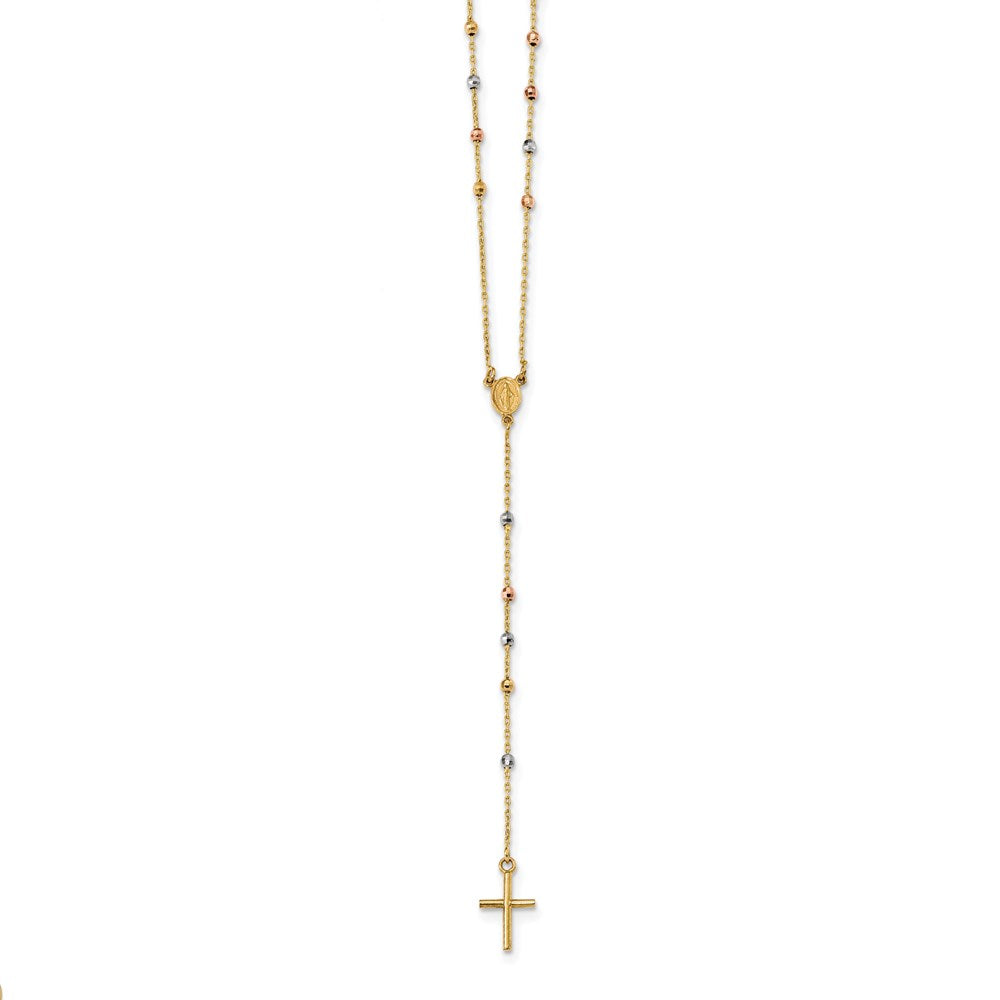 14k Tri-color Polished Bead Rosary Hollow Miraculous Medal Necklace