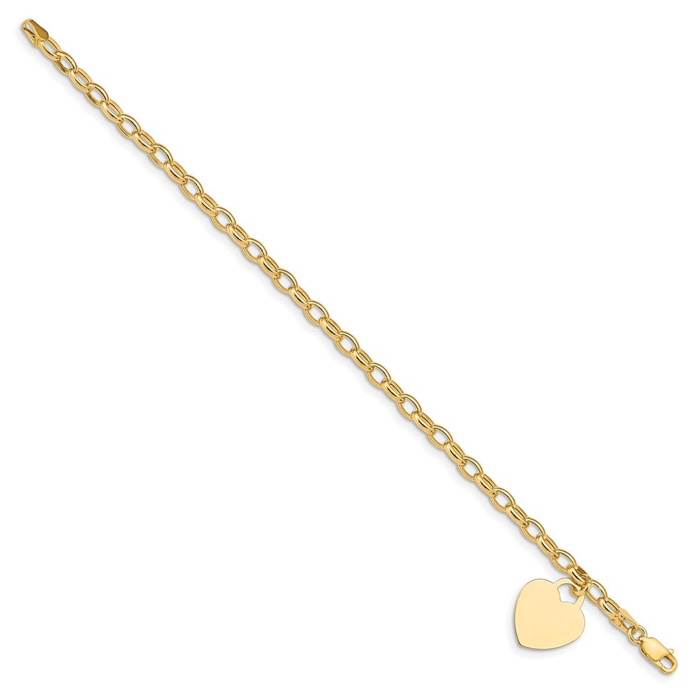 14k Engravable 19x Solid Dangle Heart Charm and Hollow Chain Bracelet