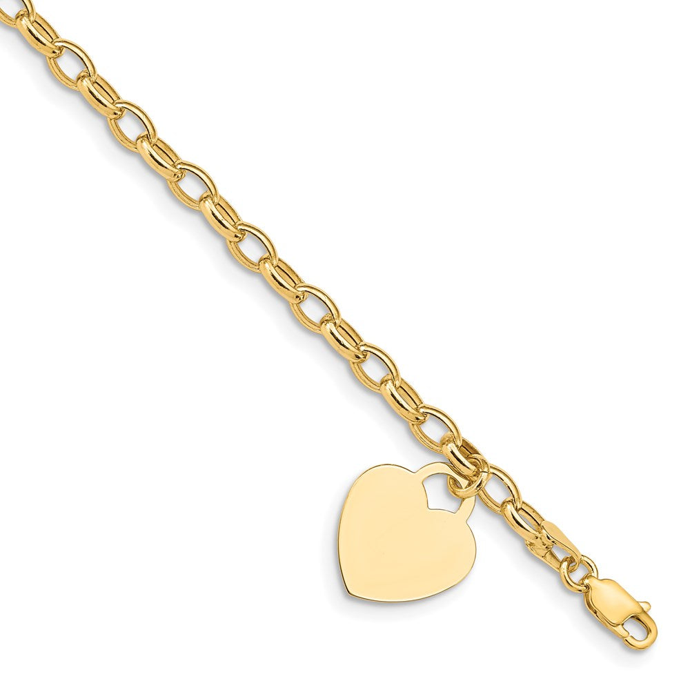 14k Engravable 19x Solid Dangle Heart Charm and Hollow Chain Bracelet