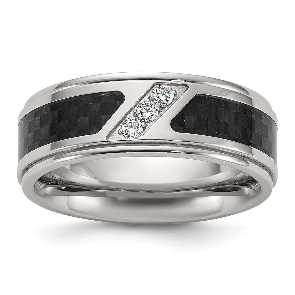 Chisel Stainless Steel Polished with Black Carbon Fiber Inlay and CZ Band