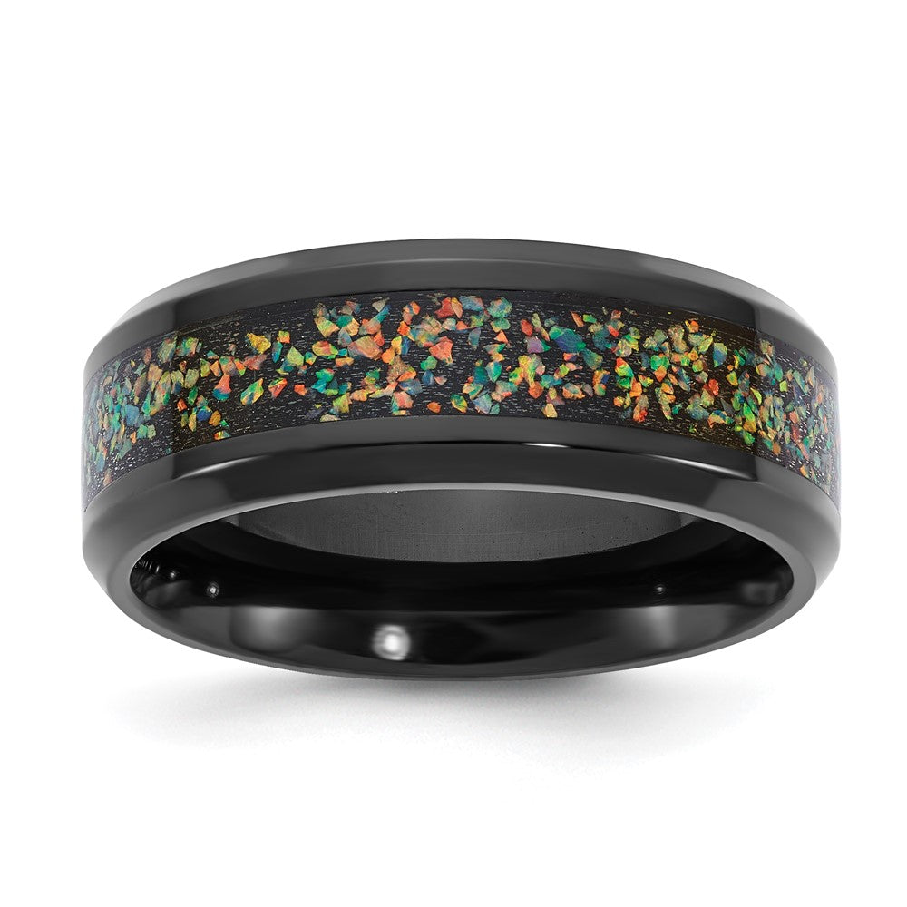 Chisel Stainless Steel Polished Black IP-plated Multi-color Opal Inlay Band