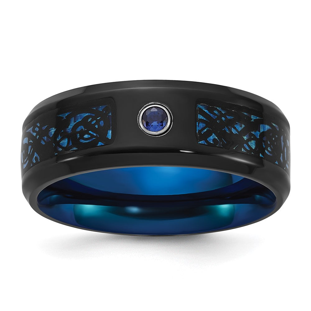 Chisel Stainless Steel Polished Black and Blue IP-plated with CZ Carbon Fiber Inlay in Clear Epoxy Band