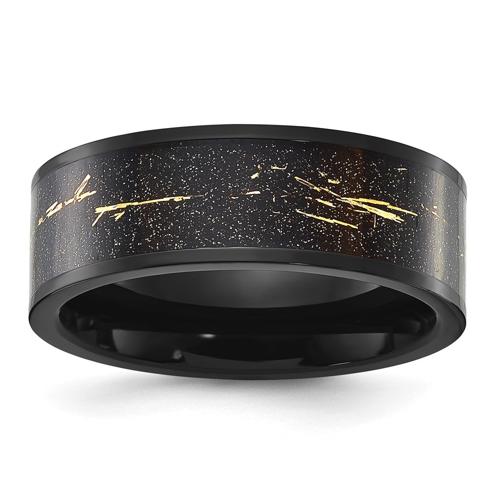 Chisel Stainless Steel Polished Black IP-plated Black and Gold Foil Inlay Band