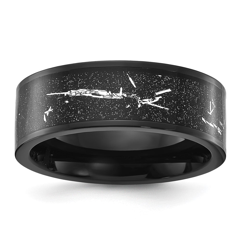 Chisel Stainless Steel Polished Black IP-plated Black and Silver Foil Inlay Band