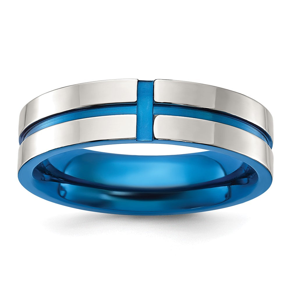 Chisel Stainless Steel Polished Blue IP-plated Grooved Band