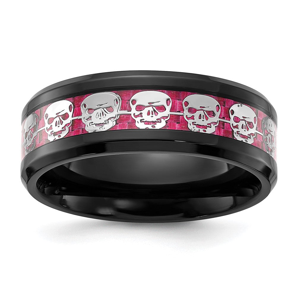 Chisel Stainless Steel Polished Black IP-plated Skulls with Pink Carbon Fiber Inlay Band