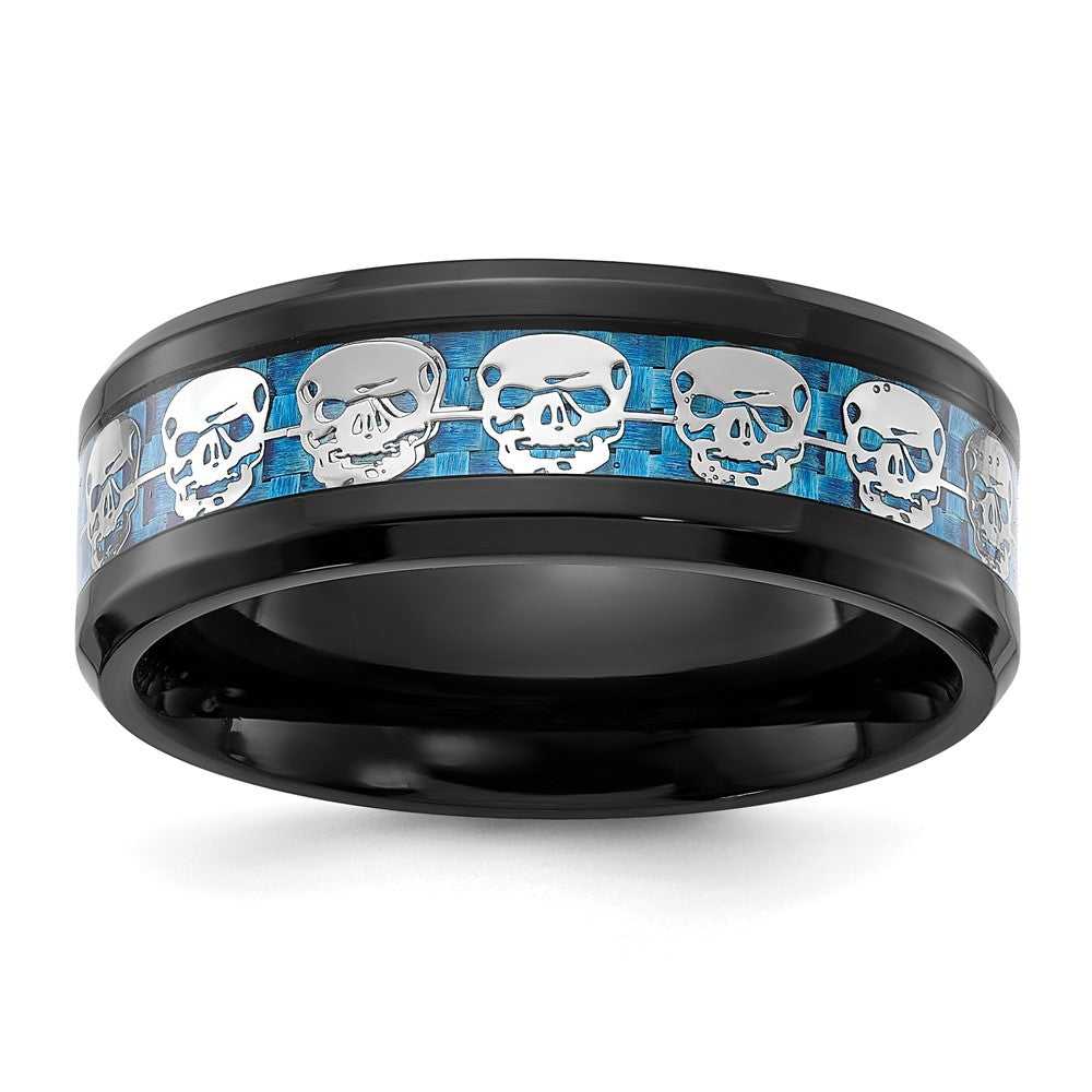 Chisel Stainless Steel Polished Black IP-plated Skulls with Blue Carbon Fiber Inlay Band