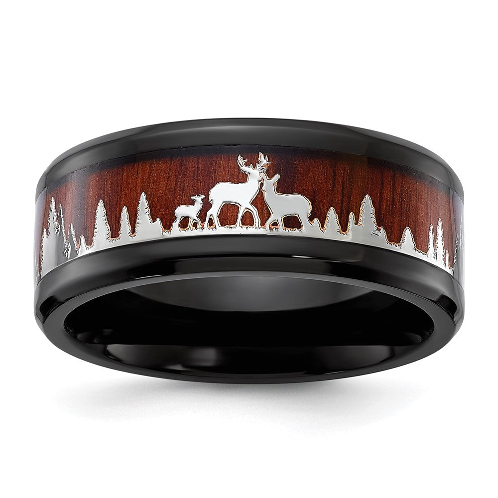 Chisel Stainless Steel Polished Black IP-plated with Wood Inlay Deer in Forest Design 9mm Band