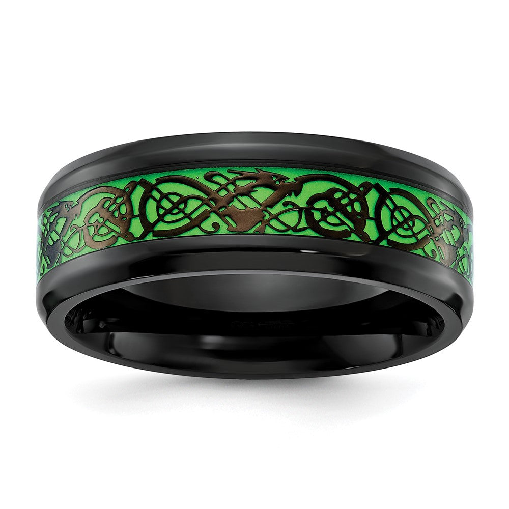 Chisel Stainless Steel Polished Black IP-plated Dragon Design with Green Glow in the Dark Enamel Band