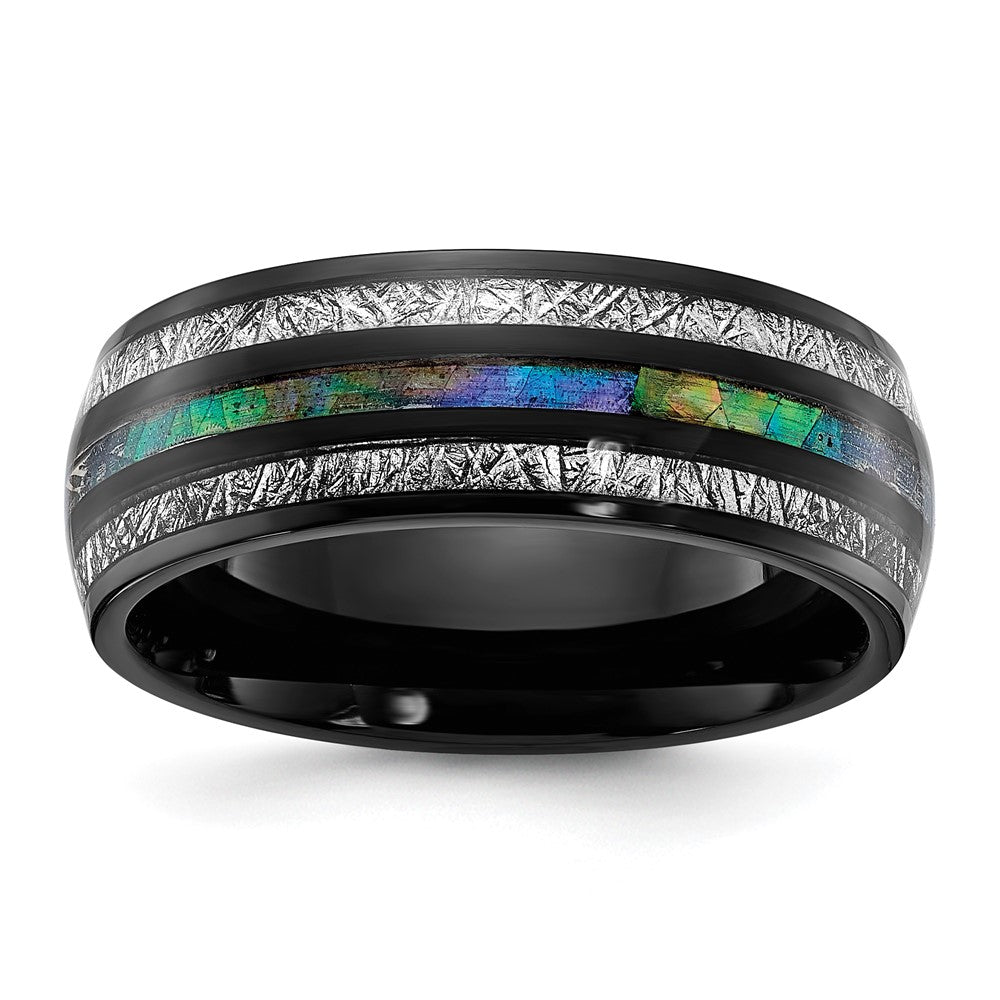 Chisel Stainless Steel Polished Black IP-plated with Abalone and Imitation Meteorite Band