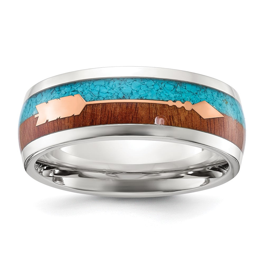 Chisel Stainless Steel Polished Arrow with Turquoise and Wood Inlay Band