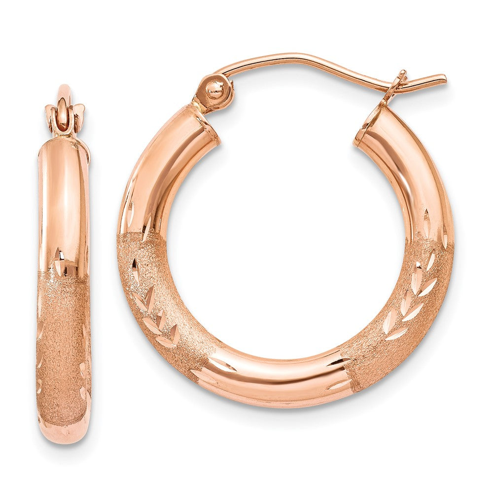 14k Rose Gold Satin and Diamond-cut Hoop Earrings