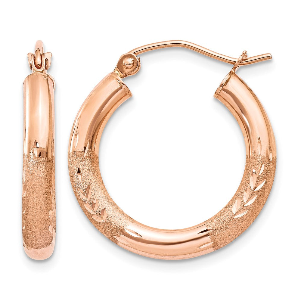 14k Rose Gold 3x Satin Diamond-cut Round Tube Hoop Earrings