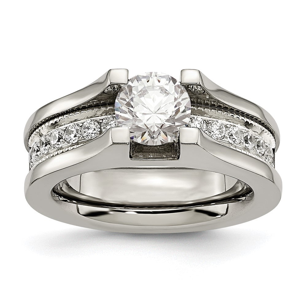 Chisel Titanium with Sterling Silver Accent Polished with CZ Ring